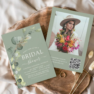 Invitación Sage Green Bridal Shower QR Code Photo Eucalyptus