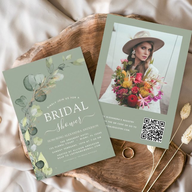 Invitación Sage Green Bridal Shower QR Code Photo Eucalyptus (Subido por el creador)