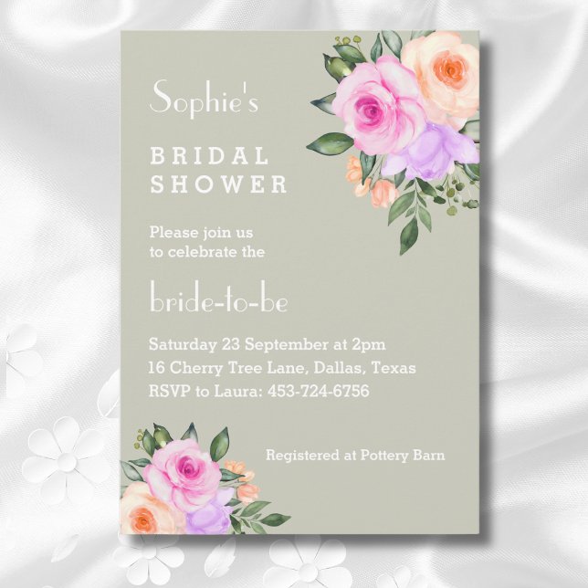 Invitación Sage Green Bright Floral Roses rosadas Brillantes  (Subido por el creador)