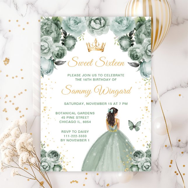 Invitación Sage Green Brunette Hair Princess Dulce (Subido por el creador)