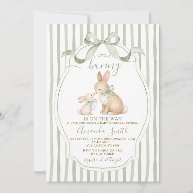 Invitación Sage Green Bunny Baby Shower Dusty Green (Anverso)