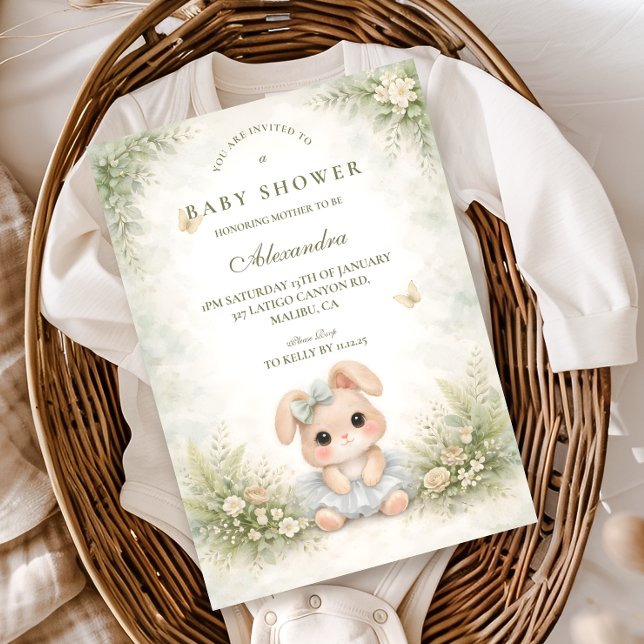 Invitación Sage Green Bunny Floral Baby Shower (Subido por el creador)