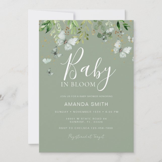 Invitación Sage Green Butfly Baby en Bloom Baby Shower (Anverso)