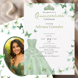 Invitación Sage Green Butterflies Dress Tiara Quinceanera