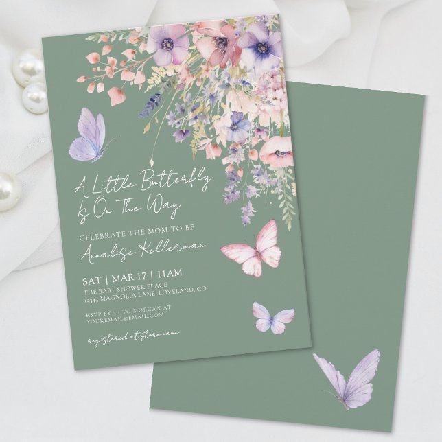 Invitación Sage Green Butterfly Wildflower Baby Shower (Sage Green Butterfly Wildflower Baby Shower Invitation)