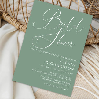 Invitación Sage Green caligrafía Minimalista ducha de novia
