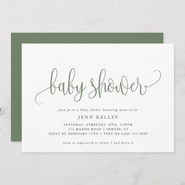 Invitación Sage Green Calligraphy Baby Shower (Anverso / Reverso)