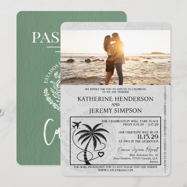 Invitación Sage Green Cancun Passport Boda (Anverso / Reverso)