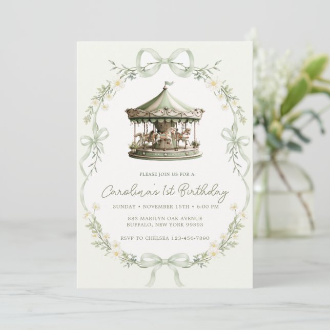 Invitación Sage Green Carousel Merry-go-round Birthday (Anverso de pie)