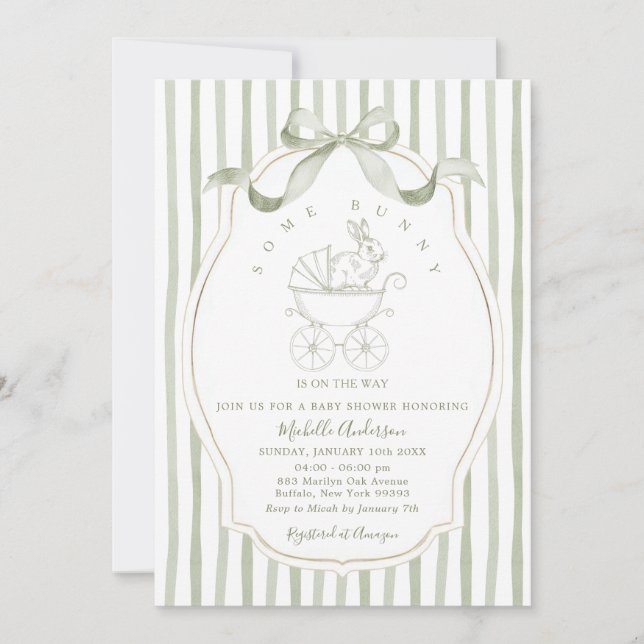 Invitación Sage Green Carriage Bunny Baby Shower Invitation (Anverso)