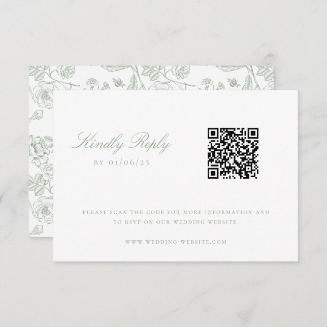 Invitación Sage Green Chinoiserie Boda QR Code RSVP (Anverso / Reverso)