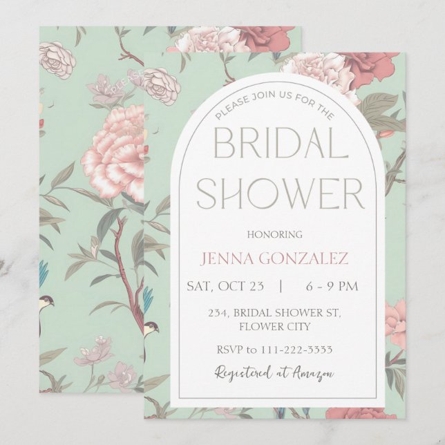 Invitación Sage Green Chinoiserie Ducha Botánica de Novias (Anverso / Reverso)