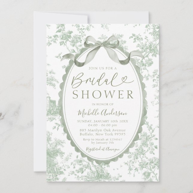 Invitación Sage Green Chinoiserie Floral Toile Bridal Shower (Anverso)