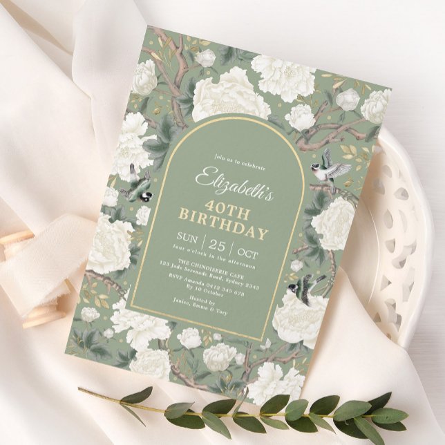 Invitación Sage Green Chinoiserie Floral Women 40 cumpleaños (Subido por el creador)
