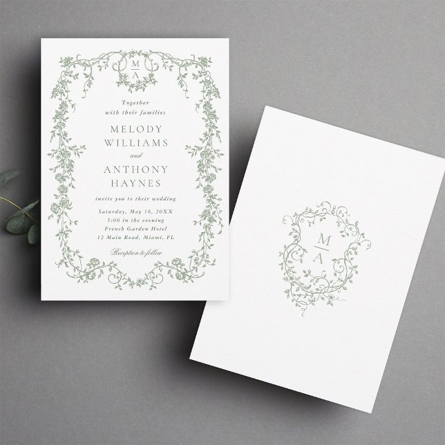 Invitación Sage Green Classic Boda floral francés (Front & Back)