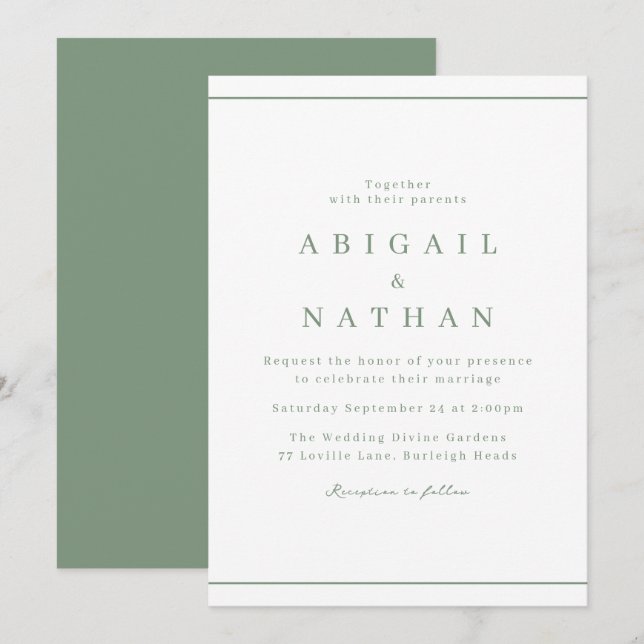 Invitación Sage Green Classic Elegant Minimal Boda (Anverso / Reverso)