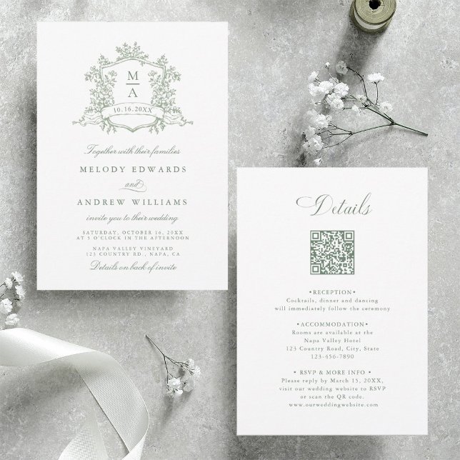 Invitación Sage Green Classic Floral Crest Wedding All in One (Front & Back)