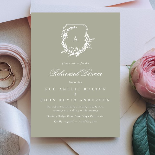 Invitación sage green classic monograma cena de ensayo escudo (Subido por el creador)