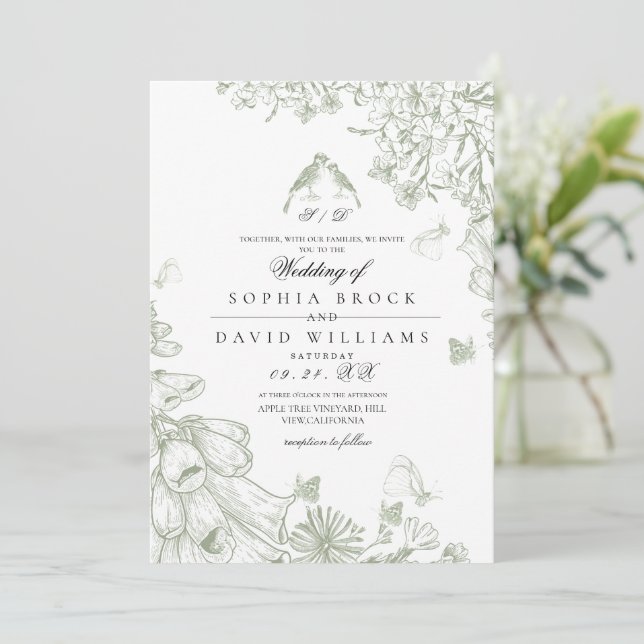 Invitación Sage Green Classic Toile French Floral Wedding  (Anverso de pie)