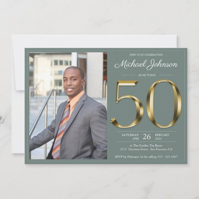 Invitación Sage Green Classy 50th Gold Personalizado Foto Cum (Anverso)