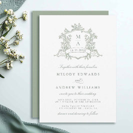Invitación Sage Green Classy Floral Crest Wedding Invitation