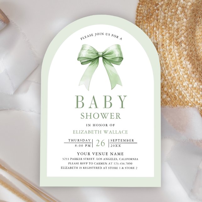 Invitación Sage Green Coquette Bow Arch Código QR Baby Shower (Subido por el creador)