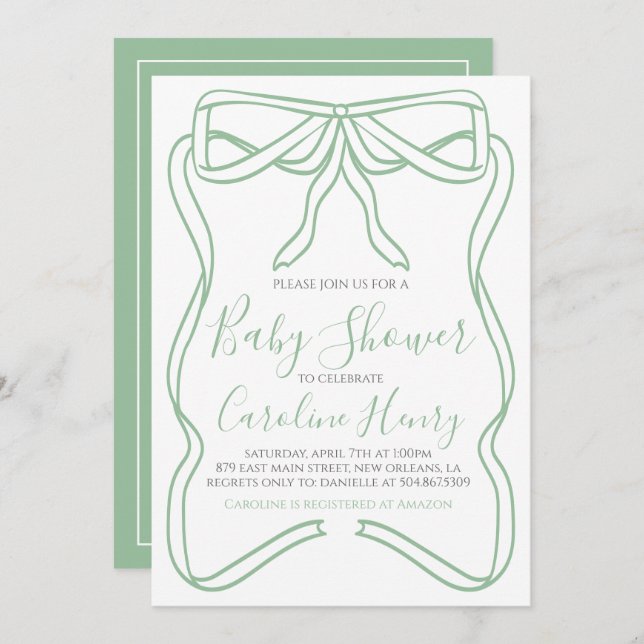 Invitación Sage Green Coquette Bow Baby Shower HACE CUALQUIER (Anverso / Reverso)