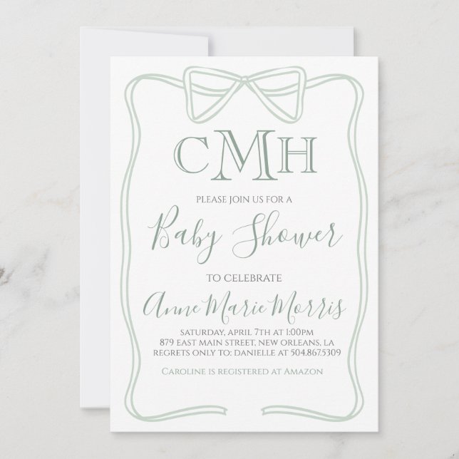 Invitación Sage Green Coquette Bow Baby Shower HACE CUALQUIER (Anverso)