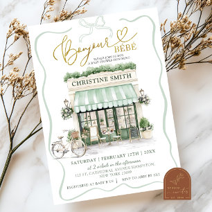 Invitación Sage Green Coquette Bow Parisian Cafe Baby Shower