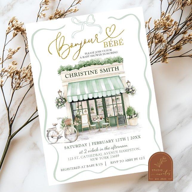 Invitación Sage Green Coquette Bow Parisian Cafe Baby Shower (Subido por el creador)