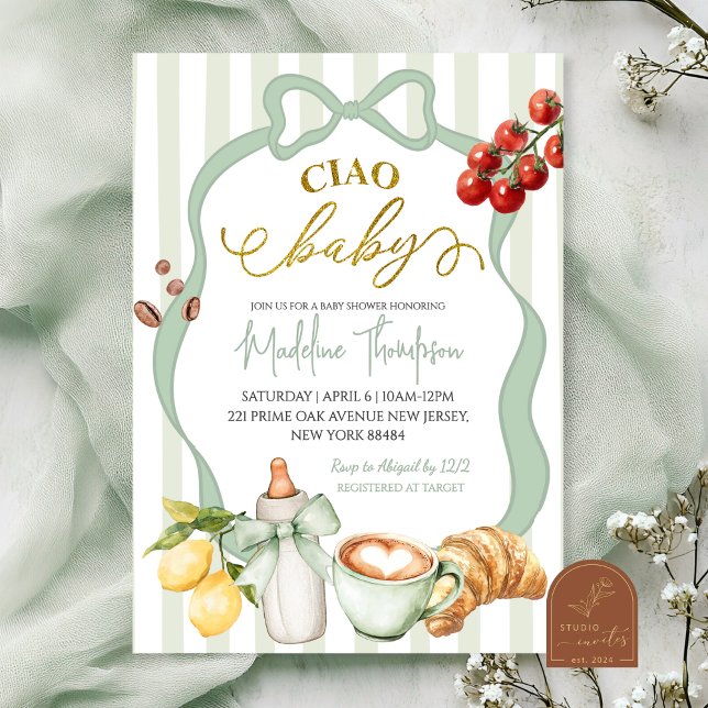 Invitación Sage Green Coquette Stripes Italy Ciao Baby Shower (Subido por el creador)