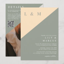 Invitación Sage Green Cream Minimalista Boda Foto Código QR
