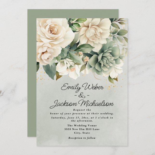 Invitación Sage Green Cream Watercolor Floral Gold Boda (Anverso / Reverso)