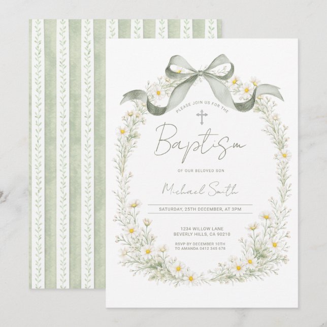 Invitación Sage Green Cross Daisy Baptism Invitation (Anverso / Reverso)