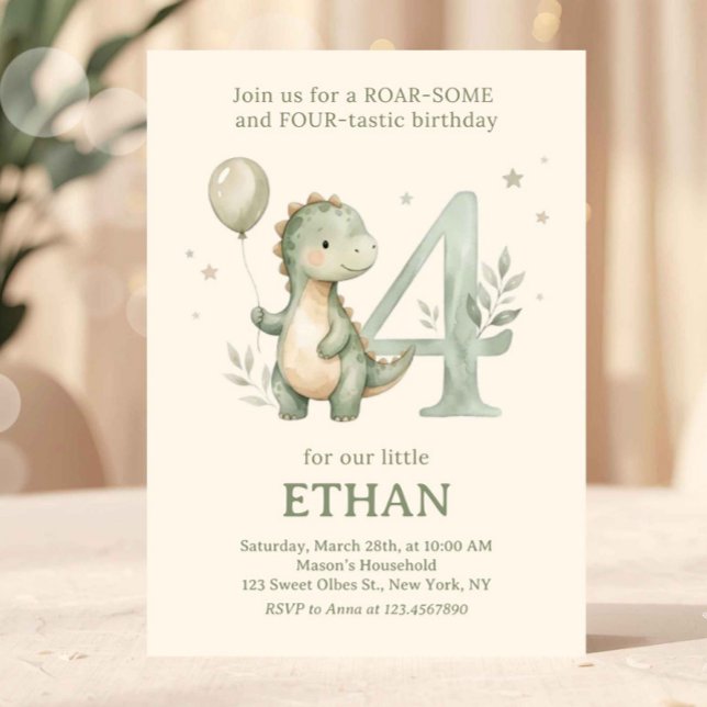 Invitación Sage Green Cute Dinosaur 4th Birthday (dinosaur birthday invitation, 4th birthday invite, dino party invitation, roarsome four invite, dino)