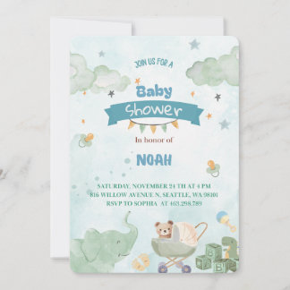 Invitación Sage Green Cute Elephant Teddy Bear Boy Baby