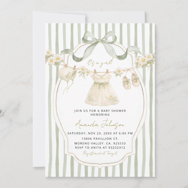 Invitación Sage Green Daisy Clothesline Baby Shower Invite (Anverso)