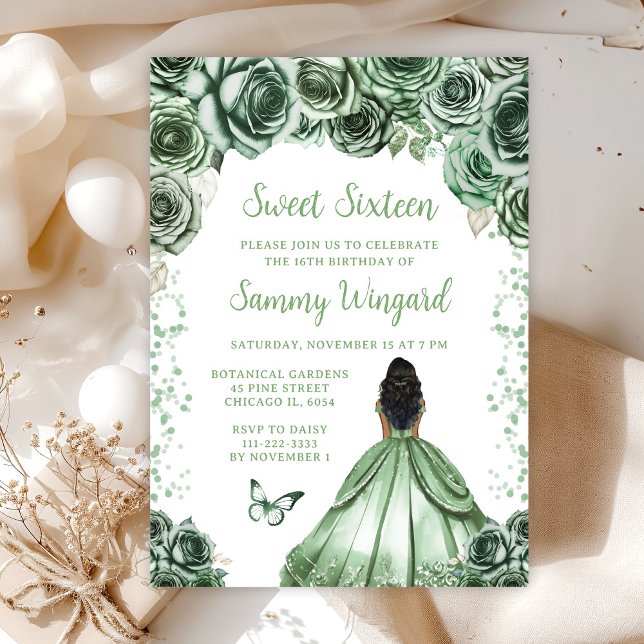 Invitación Sage Green Dark Skin Princess Dulce (Subido por el creador)