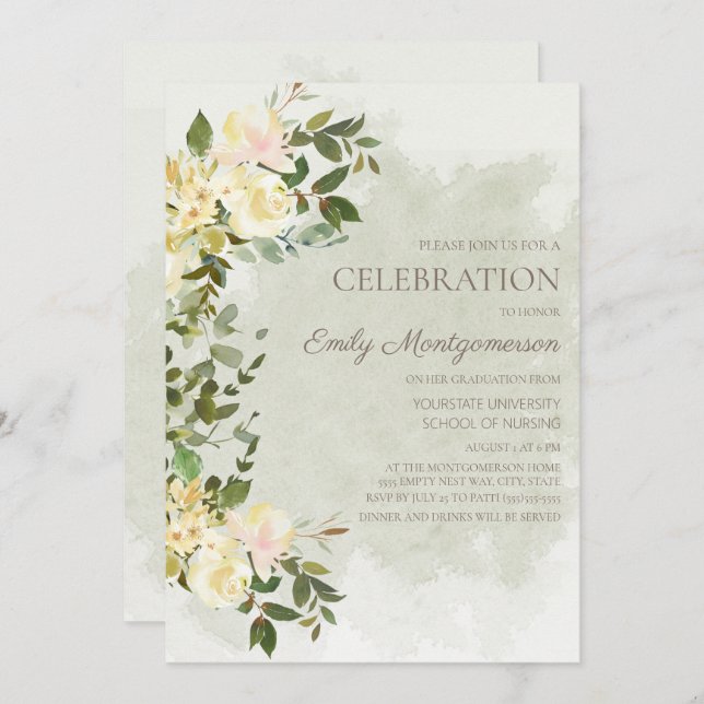 Invitación Sage Green deja a White Floral Enfermería grado de (Anverso / Reverso)