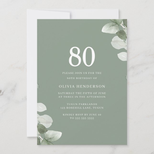 Invitación Sage Green deja la vegetación 80 cumpleaños (Anverso)