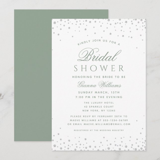Invitación Sage Green Diamonds Moderno Luxury Bridal Shower (Anverso / Reverso)
