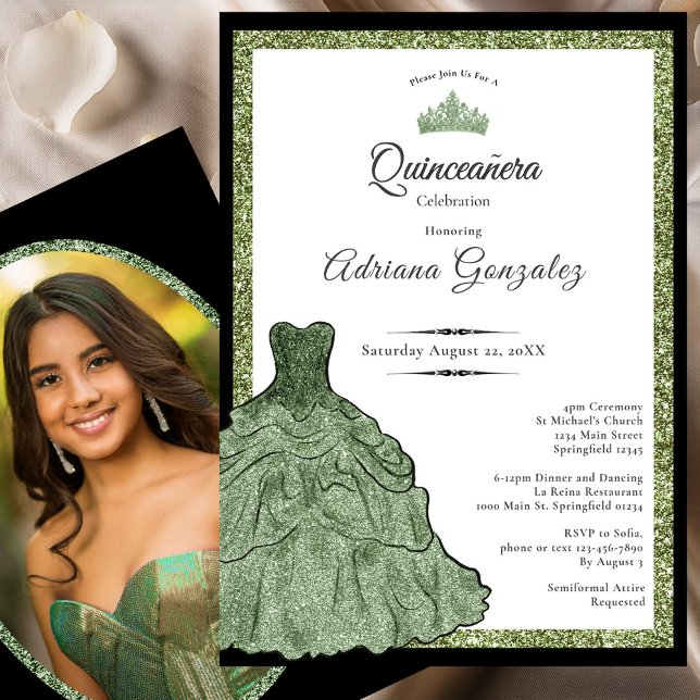 Invitación Sage Green Dress & Tiara Custom Photo Quinceanera (Subido por el creador)