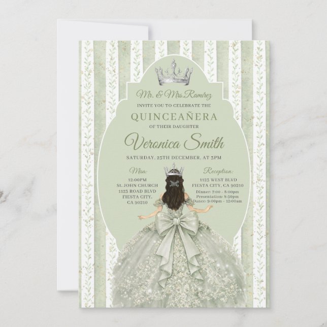 Invitación Sage Green Dress with Bow Quinceañera Birthday (Anverso)