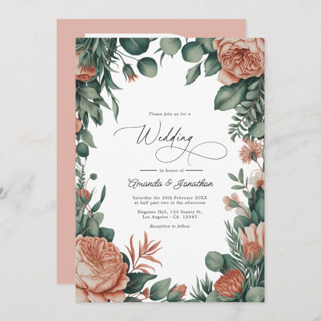 Invitación Sage Green & Dusty Peach Watercolor Floral Wedding (Anverso / Reverso)