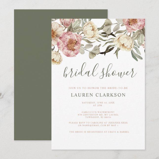 Invitación Sage Green Dusty Pink Floral Bridal Shower (Anverso / Reverso)