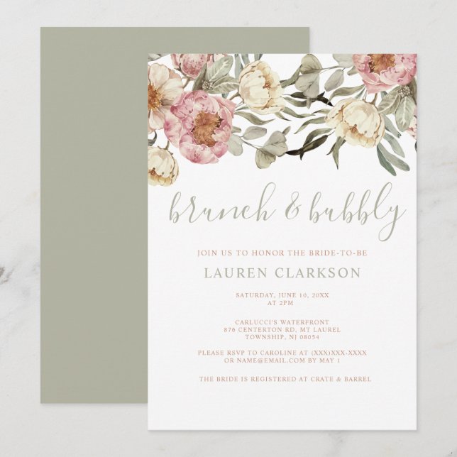 Invitación Sage Green Dusty Pink Floral Brunch Bridal Shower (Anverso / Reverso)