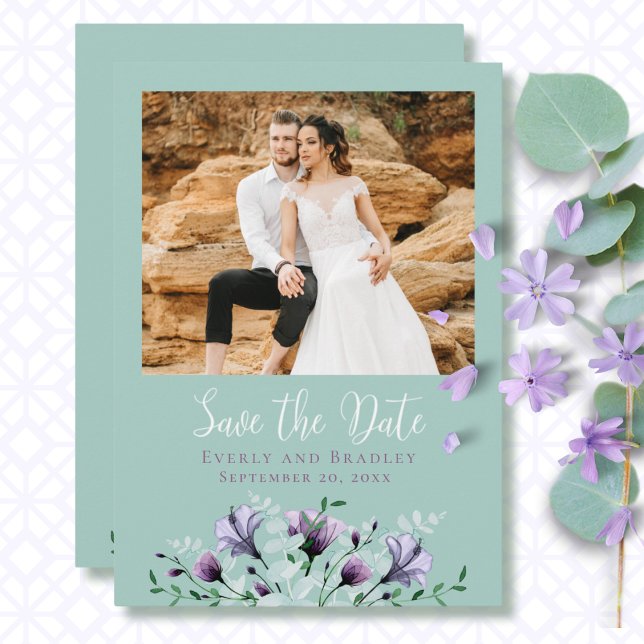 Invitación Sage Green Dusty Purple Floral salva la fecha (Subido por el creador)