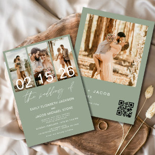 Invitación Sage Green El Boda del código QR de la foto Elegan