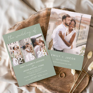 Invitación Sage Green El Boda del Collage de fotos Minimalist