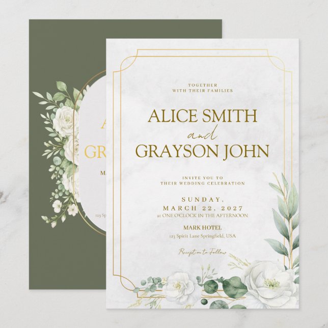 Invitación Sage Green Elegant Boho Floral Modern Wedding  (Anverso / Reverso)